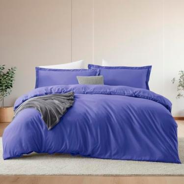 Imagem de Hearth & Harbor Conjunto de capa de edredom e lençol de casal azul royal, conjunto de cama macio escovado de 7 peças, inclui capa de edredom, lençol de cima, lençol com elástico, fronhas e fronhas