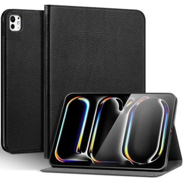 Imagem de Thryxop Capa de couro genuíno para iPad Pro 11 polegadas (M4) 2024 | Capa protetora fina com suporte ajustável, despertar/hibernar automaticamente, couro premium | preta
