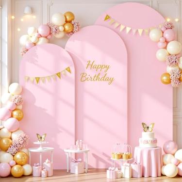Imagem de Conjunto de 3 capas de arco rosa - 1,8 m, 1,8 m, arco rosa de 2 m, capa de fundo de elastano para festa de aniversário, chá de bebê, meninas, chá de panela, banquete de casamento, decoração de fundo