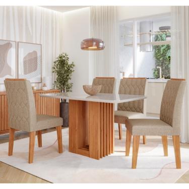 Imagem de Conjunto de Jantar Mesa Ariela 130cm com Tampo de Vidro 4 Cadeiras em MDF Carla Cimol - Cinamomo/Off White/Linho Bege