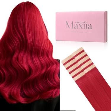 Imagem de MAXITA Extensões de cabelo humano com fita adesiva para extensões de cabelo vermelho, 10 peças, 30 g, 61 cm, fita colorida para festa em extensões, extensão de cabelo humano real macio liso