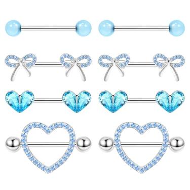 Imagem de Vegolita 4 pares de anéis de mamilo de titânio 14G G23 para mulheres, coração, barra e língua, conjunto de anéis de mamilo, zircônia cúbica, lindo laço, mamilos, piercing de joias, Titânio, Zircônia