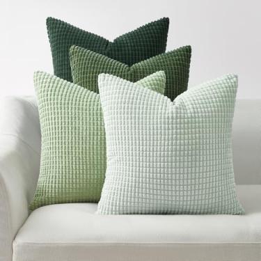 Imagem de Topfinel 4 pacotes de capas de almofada decorativas verde-claro 40 x 40 cm para sala de estar sofá-cama, decoração de casa de fazenda boho, capa de almofada quadrada macia de veludo cotelê de verão 40