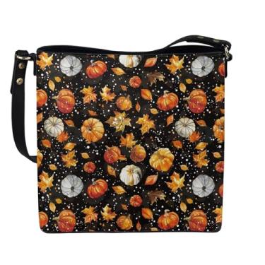 Imagem de HUGS IDEA Bolsa feminina de couro, bolsa de ombro para mulheres, bolsa tipo carteira transversal, Abóbora com folhas de outono e outono, Large