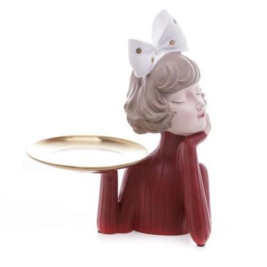 Imagem de Figura 32 cm decorativa de resina Boneca com bandeja Wolff - 61492