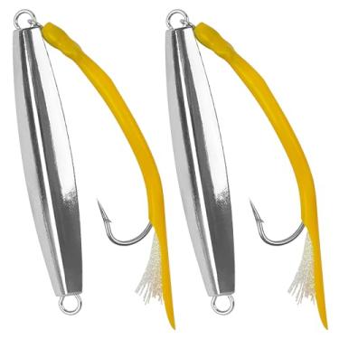 Imagem de Diamond Jigs Iscas de pesca em água salgada, 2 unidades de colheres de fundição com cauda de tubo listrado baixo metal Jig colheres de pesca de surf em alto mar amarelo - 85 g