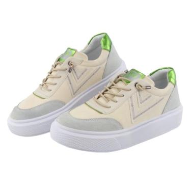 Imagem de Tenis Casual Feminino Ajuste Cadarço Detalhe Costura Lateral Palmilha Gel Confortavel Leve Tamanho:37;Cor:Bege+Verde;Gênero:Feminino;Departamento BS:Esporte