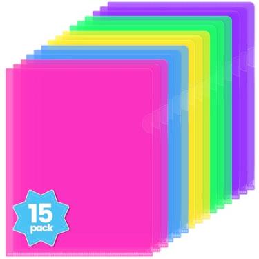 Imagem de Sooez Pacote com 15 bolsos transparentes para projetos de pasta de documentos, pastas de plástico transparente, tamanho carta, pastas de papel, capa de poliéster, mangas, cópias, 5 cores sortidas