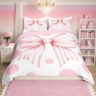 Imagem de Conjunto de capa de edredom com laço tamanho casal, fantasia de princesa sonhadora, decoração de quarto, linda gravata borboleta, capa de colcha rosa e branca, 2 fronhas (sem edredom)