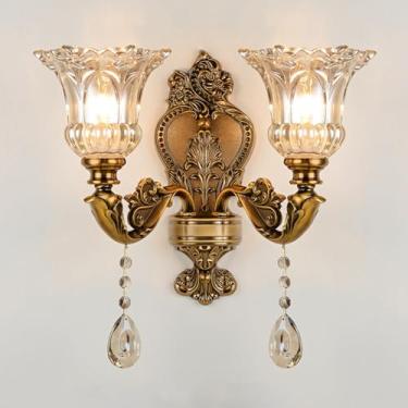 Imagem de MIXL - Arandelas de parede de ouro vitoriano de 2 cabeças, luzes florais de montagem na parede com abajur de vidro, arandelas de cristal estilo vintage francês para sala de estar, quarto e corredor