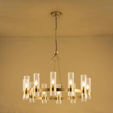Imagem de MAYNA Lustre de roda de vagão dourado de 91 cm com persiana de vidro, 12 luzes, estilo de fazenda moderno, ideal para sala de jantar, cozinha, entradas
