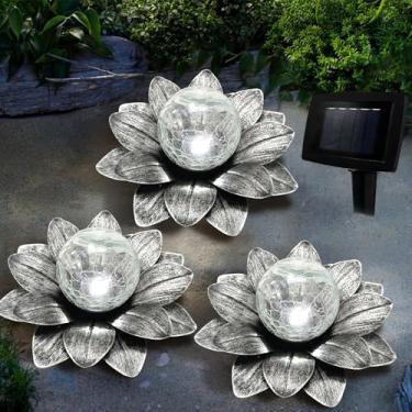 Imagem de LEWIS&WAYNE Luzes solares de jardim ao ar livre, 3 peças de lâmpadas de caminho de flor de lótus cinza prateado com globo de vidro rachado branco frio luzes LED para pátio caminho quintal varanda