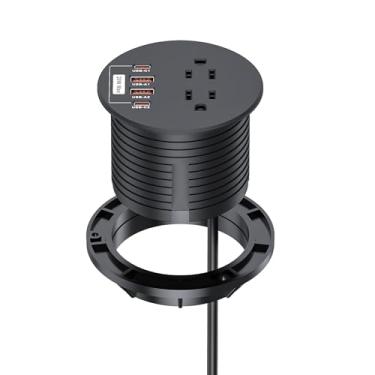 Imagem de Ilhós de energia de mesa de 7,6 cm com portas USB C PD20W, 2 tomadas CA, tomada com ilhós, estação de carregamento rápido, orifícios de mesa, ilhós redondos para escritório, casa (preto)