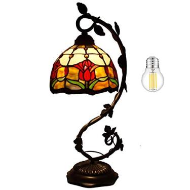 Imagem de Tiffany Lâmpada de mesa vitral ao lado do abajur, mesa de cabeceira, tulipa de 53 cm de altura, fina base de folha de metal rústico rústico para sala de estar, quarto, bar, industrial, boho, campo, WERFACTORY, lâmpada LED incluída