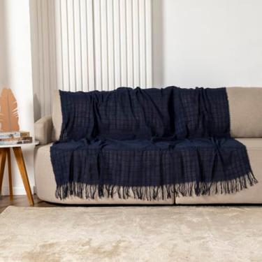 Imagem de Manta Xale P/Sofá 100% Algodão com Franja Decorativa (Marinho, 1,7m x 2,4m)