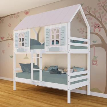 Imagem de Beliche Casinha Bela - Madeira Maciça Branco/Rosa/Verde | Megamobilia