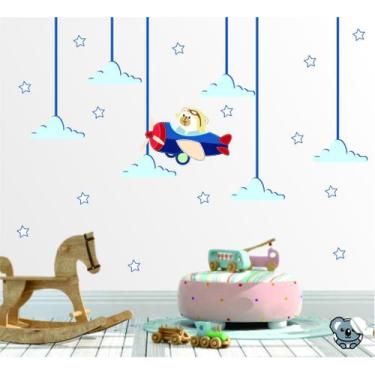 Imagem de Adesivo de Parede Infantil Urso Aviador Nuvens com estrelas - Colakoal