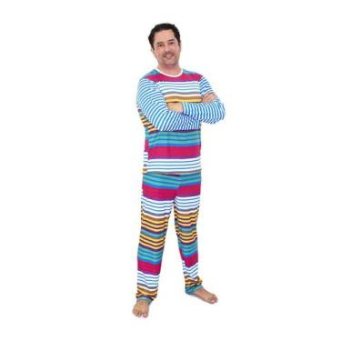 Imagem de Pijama Masculino Longo Divertido Listras Coloridas - Alegria de Montar