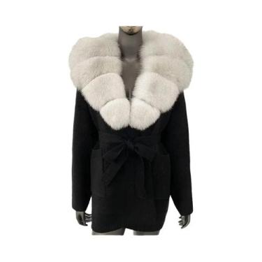 Imagem de Casaco de Pele de Raposa Verdadeira Feminino - Cardigan de Tricô com C