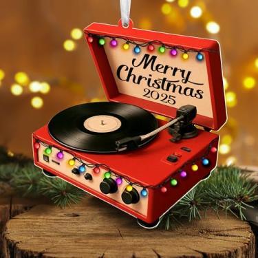 Imagem de Ornamento de toca-discos retrô 2025 – decoração de árvore musical de mesa giratória de acrílico com luzes – vinil vintage para amantes de música, DJs, audiófilos – lembrança vermelha para pendurar no
