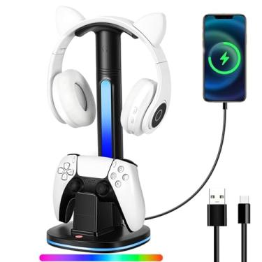 Imagem de Base de carregamento para controle PS5 com suporte de fone de ouvido RGB | Estação de carregamento rápido USB duplo 2 em 1 para controles PS5 | Suporte de fone de ouvido para jogos com LED RGB e