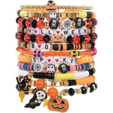 Imagem de Pulseira de Halloween com contas de abóbora empilhável em camadas fantasma gato caveira morcego pulseira elástica colorida contas de argila Heishi berloques para mulheres joias, Middle, Resina, Sem