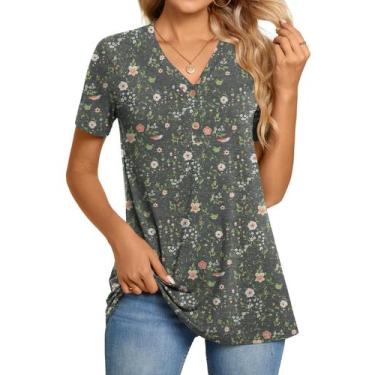 Imagem de Blusa túnica BISHUIGE feminina Henley com decote em V M