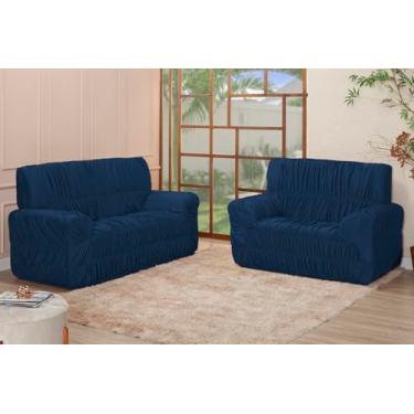 Imagem de Kit Capa para Sofá 3 e 2 Lugares, Malha Gel Poliéster, 21 Elásticos, Ajuste Coladinho, Estilo Contemporâneo (MARINHO)