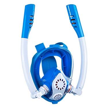 Imagem de Máscara de mergulho para crianças, óculos de natação totalmente secos de silicone, máscara de respiração de tubo duplo, respiração livre, observação panorâmica de 180 °, anti-embaciamento e à prova de vazamento com suporte para câmera, equipamento de mergulho para crianças, meninos e meninas (XS, Az