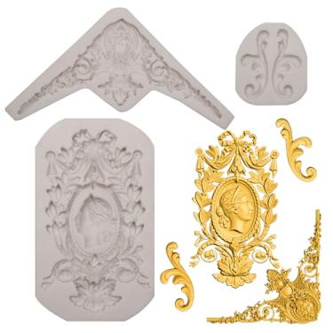 Imagem de Conjunto de moldes de silicone barroco vintage, cinza, padrão de moldura decorativa, camafeu grande de 12 x 7 cm, canto de 9 x 4,86 cm, rolo pequeno de 4,65 x 1,97 polegadas
