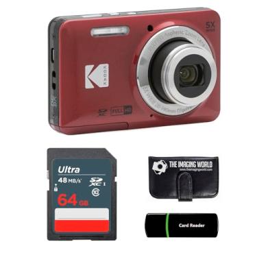 Imagem de Câmera digital Kodak PIXPRO FZ55 vermelha de 16 MP, zoom óptico de 5x, ângulo amplo de 28 mm, 1080p, câmera LCD Full HD de 2,7 polegadas + cartão e leitor de 64 GB + carteira de memória