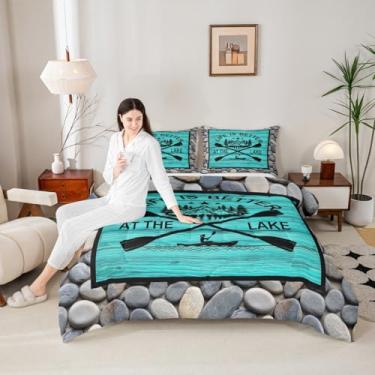 Imagem de Homewish Conjunto de edredom Lake Life, conjunto de cama casal, para adultos, adolescentes, vintage, rústico, casa de fazenda, conjunto de colcha de barco de luxo, decoração de quarto, 3 peças