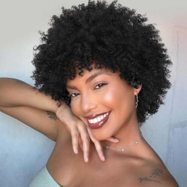 Imagem de Luxclipse Perucas pretas curtas afro encaracoladas cabelo humano com franja resistente ao calor crespo sem cola para mulheres negras festa diária (preto, 20 cm)