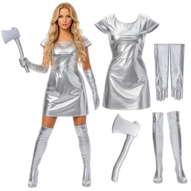 Imagem de Jeere 4 peças de fantasia de Halloween para mulheres, luvas e machado, fantasia espacial, cosplay, planeta, prata, metálico, (médio)