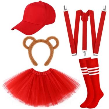 Imagem de Honic 6 peças de orelhas de esquilo, chapéu, óculos, meias até o joelho, suspensórios e vestido tutu para mulheres, festa de Halloween, cosplay (vermelho)