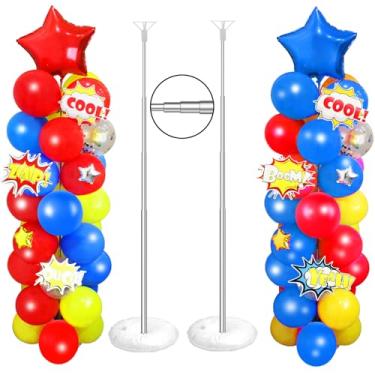 Imagem de Conjunto de 2 conjuntos de decorações de balões com tema de herói, kit de suporte de coluna de balão vermelho amarelo azul ajustável com 6 peças de cartões de símbolo jumbo para tema de super-herói e