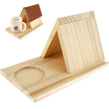 Imagem de Descanso de livros com suporte de copo, suporte de livro triangular de madeira, suporte de leitura de livros sólido, suporte de leitura de livros de madeira para leitores, professores, amantes de