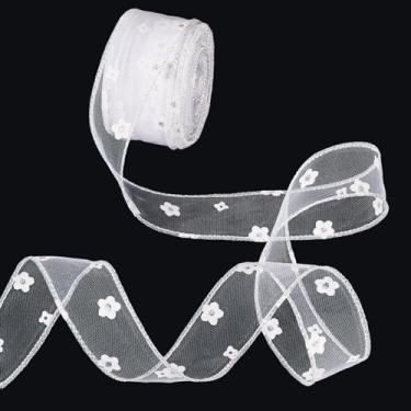 Imagem de Beadthoven Fitas de flores com fio de 21,87 metros para artesanato, fitas brancas transparentes de 3,5 cm, acabamento em tecido para laços grandes, embrulho de presente, guirlanda faça você mesmo