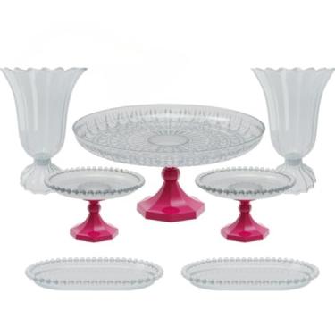 Imagem de Kit Cristal boleira lapidada 24x11+2 vasos popi+2 mini boleiras perola+ 2 bandejas perola 20x13 cm(MG - MAGENTA)