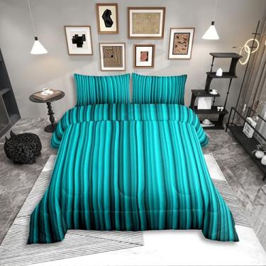 Imagem de Erosebridal Conjunto de cama queen geométrico listrado, abstrato, 3D, para homens e mulheres, adultos, estético, retrô, preto, azul-petróleo, edredom quente e macio