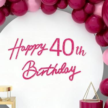 Imagem de TONIFUL Placa de feliz aniversário para pano de fundo - Faixa de feltro vermelha rosa brilhante - Inclui cola de bolinhas - Perfeito para pano de fundo de festa de 40 anos, decoração de quarto B