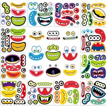 Imagem de Adesivos Monster Face — 12 folhas (faça 36 faces), PVC brilhante à prova d'água, olhos e bocas misture e combine, decalques Build-a-Monster para artesanato infantil, Halloween, garrafas de água e