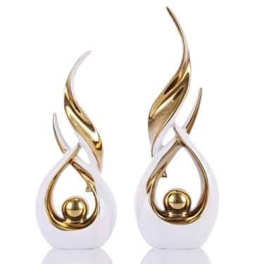 Imagem de Decoração de casa abstrata branca e dourada de 2 peças, escultura abstrata de cerâmica, peça de arte moderna, adequada para bancadas de mesa de café, estantes de livros de escritório, centros de mesa