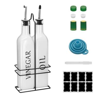 Imagem de Conjunto de dispensador de óleo e vinagre Farmhouse, 500 ml, lindo dispensador de azeite, inclui uma prateleira de aço preto e um funil, galheteiros vintage para vinagre e óleo (branco)