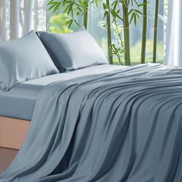 Imagem de Shilucheng Lençóis de cama 100% viscose derivados de bambu Cal King Size, 4 peças, ultra refrescantes e sedosos, bolso profundo de 40,6 cm, perfeitos para quem dorme quente, lençóis de cama de hotel