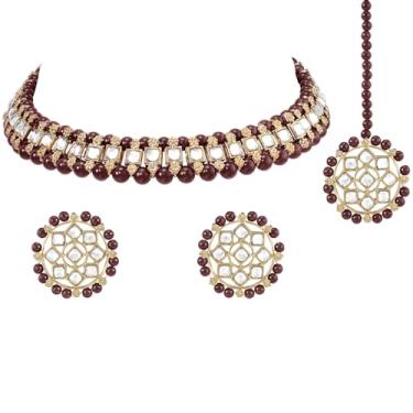 Imagem de Aheli Kundan e contas marrons cravejadas gargantilha colar brincos e conjunto Maangtikka joias étnicas para mulheres