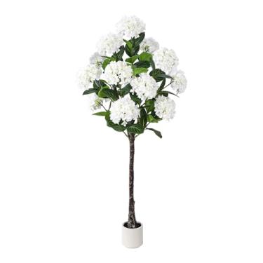 Imagem de YEPDIN Hortênsia artificial de 1,8 m - plantas grandes de hortênsia falsa para ambientes internos e externos, árvores de flores falsas com vaso alto branco para jardim doméstico, decoração frontal