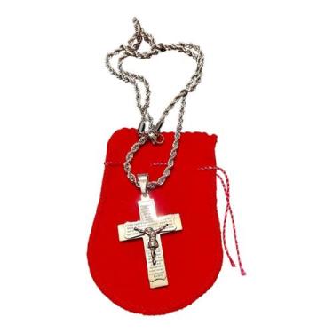 Imagem de COLAR CORRENTE BAIANO AÇO INOX TRANÇADA crucifixo ORAÇÃO - ASA