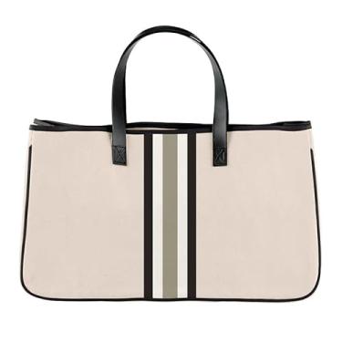 Imagem de Santa Barbara Design Studio Bolsa de lona listrada Racer - Alças de couro e forro à prova d'água, Blush + cinza, 11" H x 20" W x 6" D, Inside Pocket: 7.5" H x 9" W, Preppy, casual, esportivo