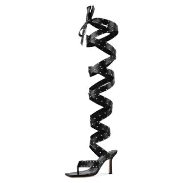 Imagem de sexytag Sandália feminina sexy de salto alto gladiador com cadarço e salto agulha com tiras, Preto, 41